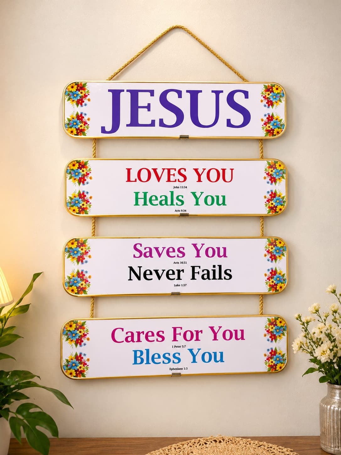 Wooden Wall Hanging – 4-Panel with Golden Border & Golden Rope