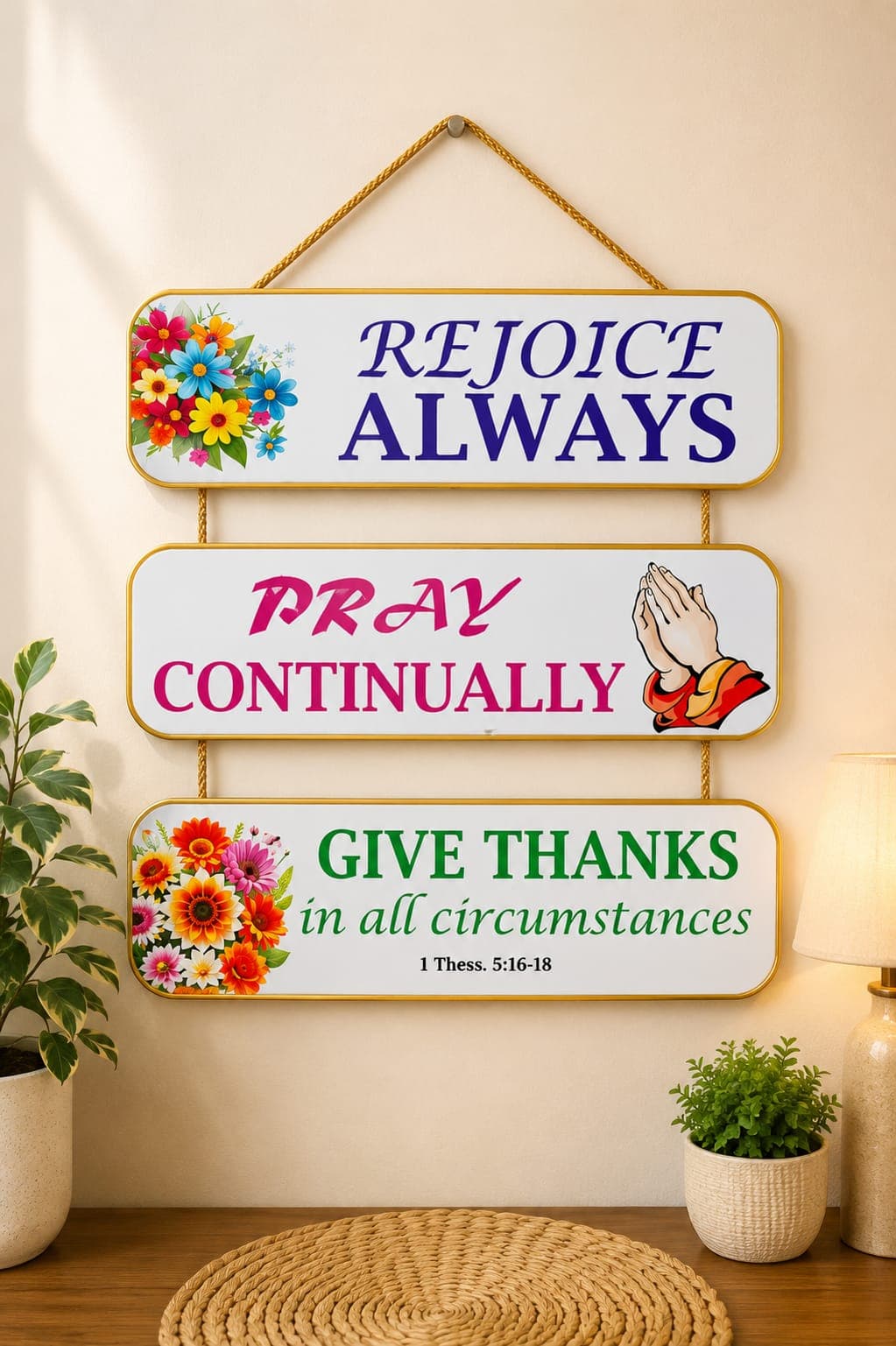 Rejoice Always Wooden Wall Hanging – 3-Panel with Golden Border & Golden Rope