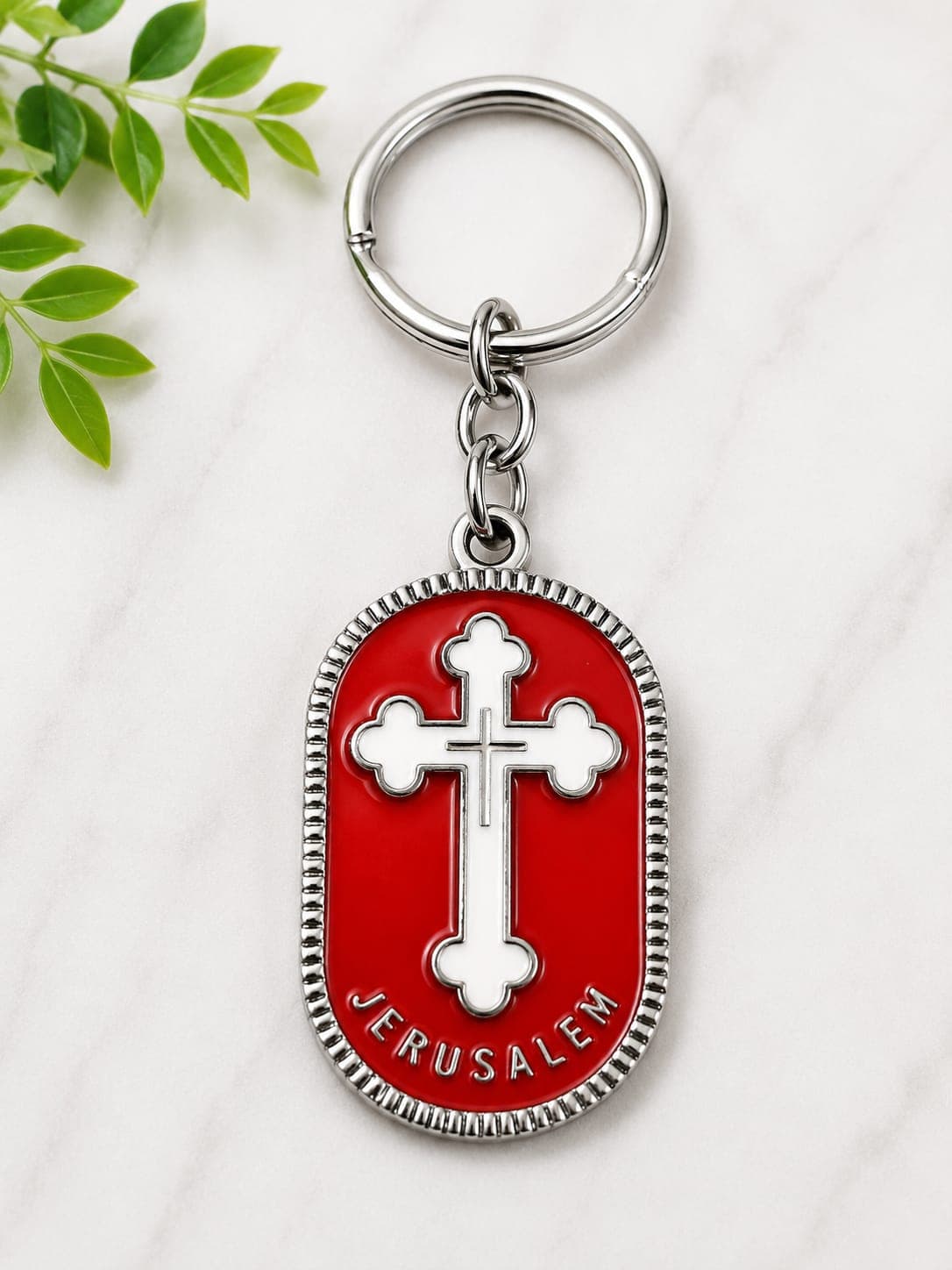 Jerusalem Stainless Steel Keychain with Cross – Silver Finish