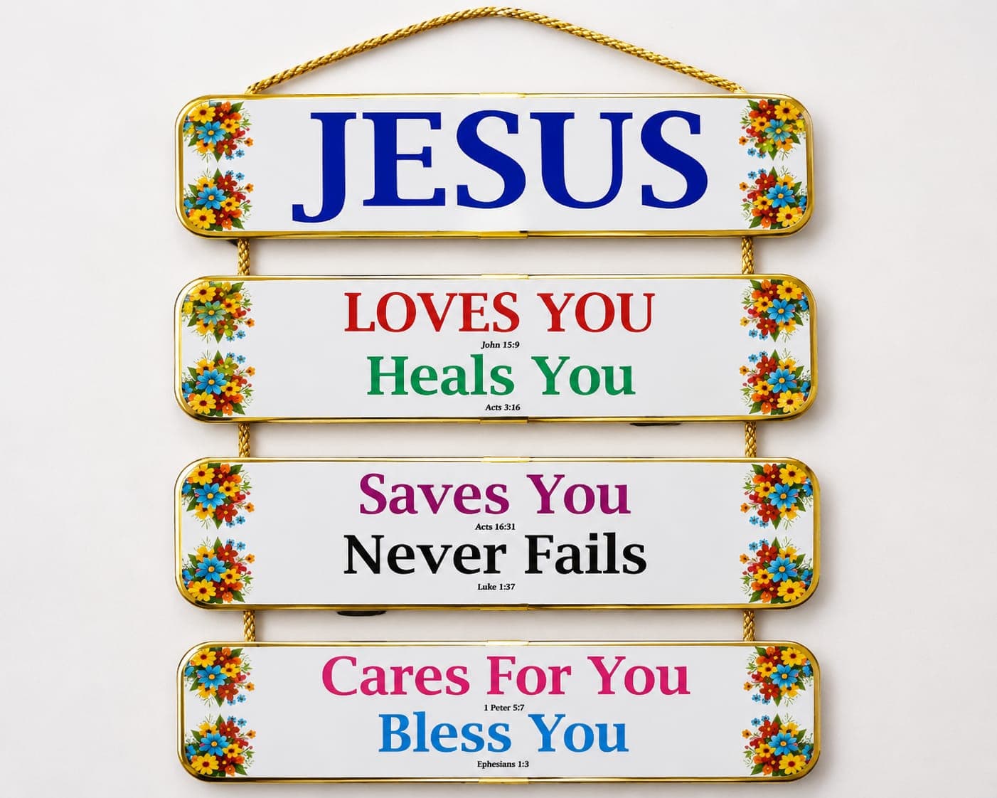Wooden Wall Hanging – 4-Panel with Golden Border & Golden Rope