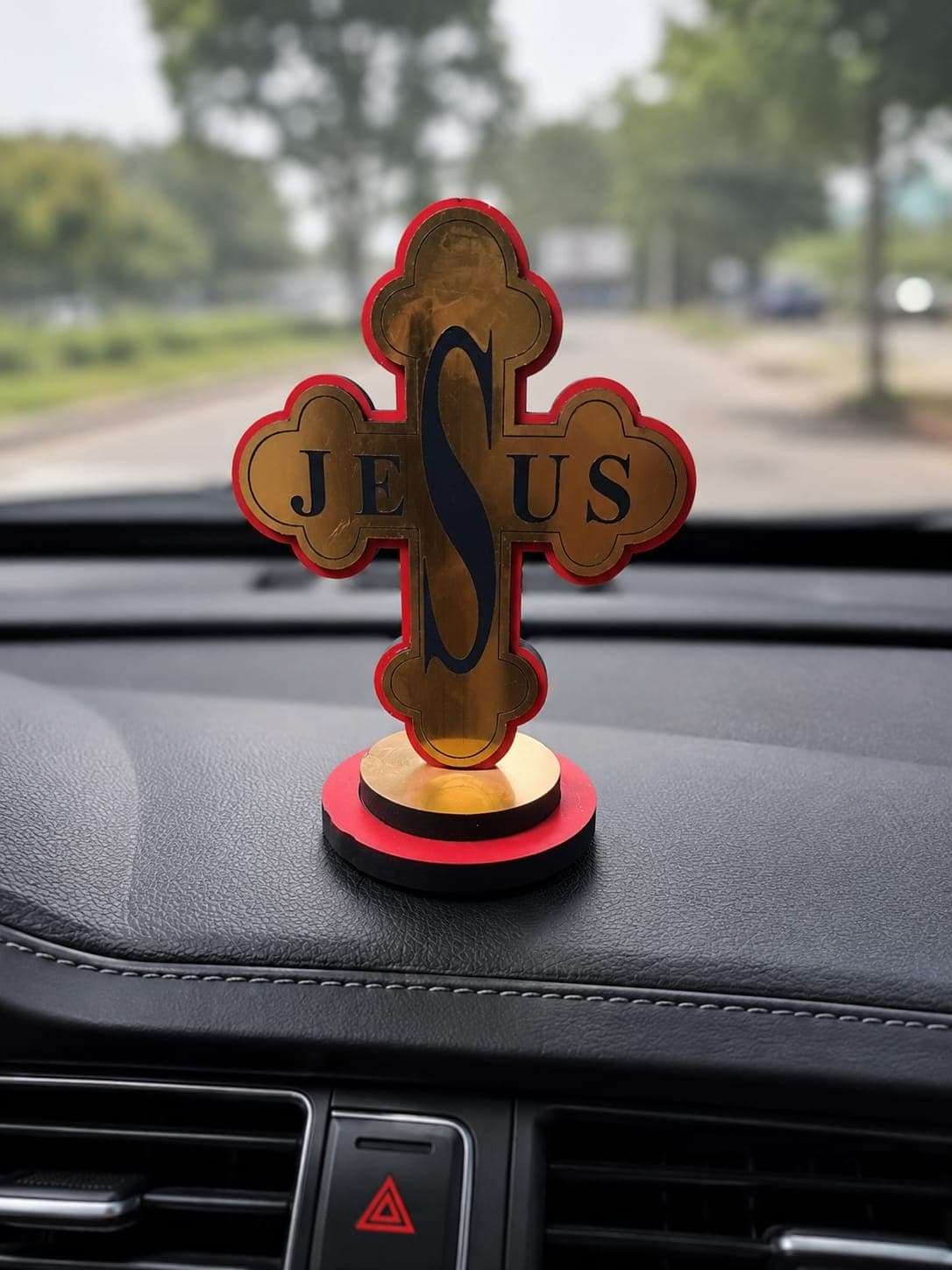 Golden Cross Car Dashboard Stand – Black & Red Border with Wooden Finish